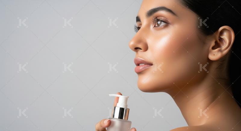 Beautiful Woman with Radiant Skin Holding a Skincare Product