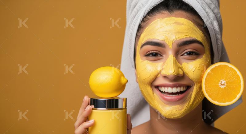 Happy woman with yellow face mask, lemon and orange.