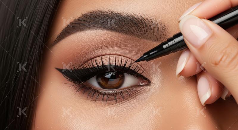 Woman applying winged eyeliner with precision, beautiful eye mak