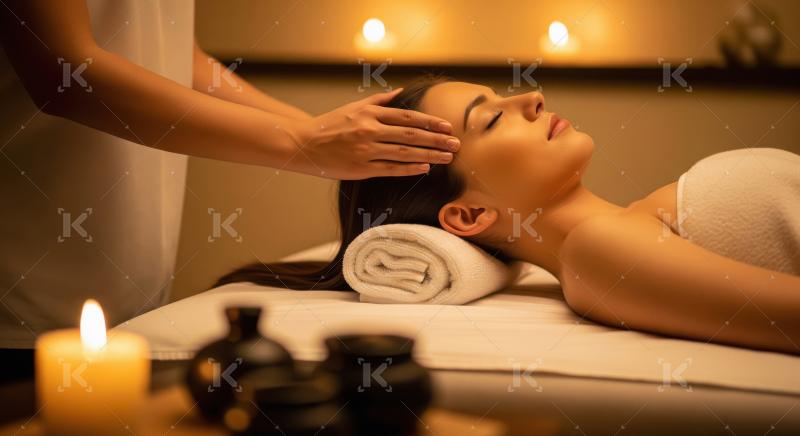 Woman enjoying relaxing head massage at luxurious tranquil spa