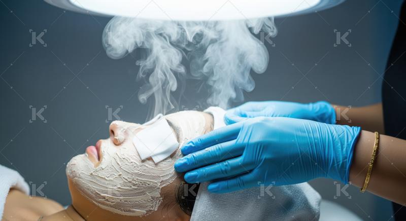 Woman receiving professional facial treatment with steam and mas