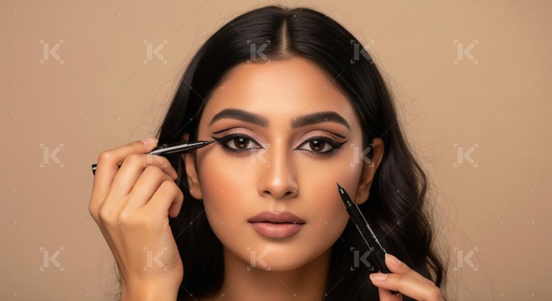 Beautiful Woman Applying Eyeliner for Perfect Eye Makeup