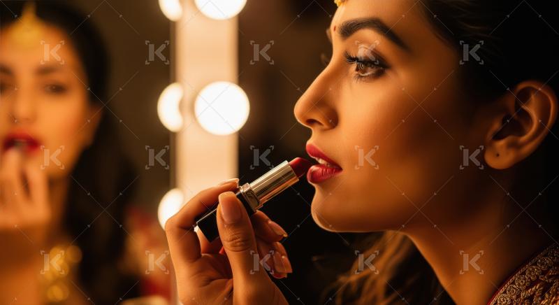 Indian Woman Applying Lipstick in Mirror, Dramatic Lighting