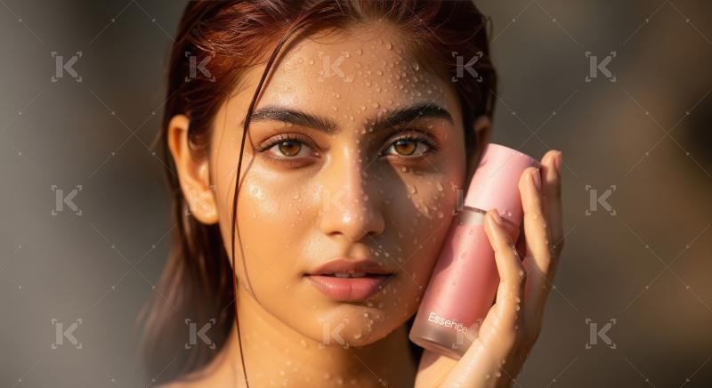 Radiant woman with water drops holding Essence skincare product