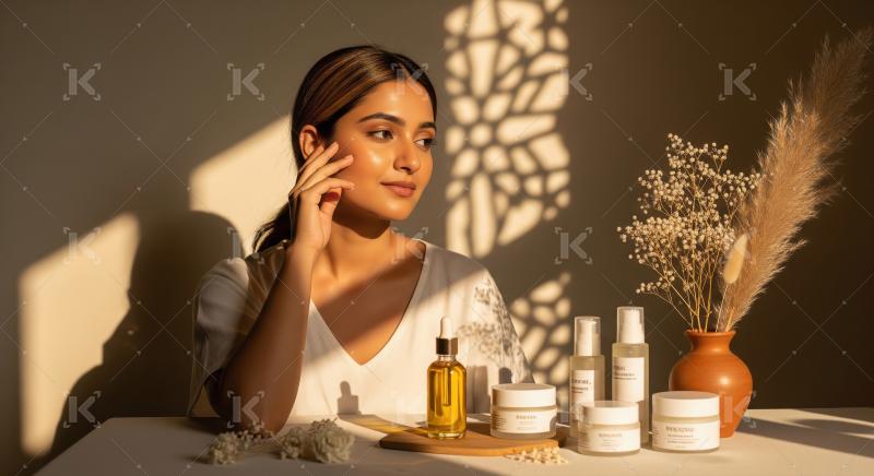 Radiant Woman Skincare Routine with Natural Products in Golden L