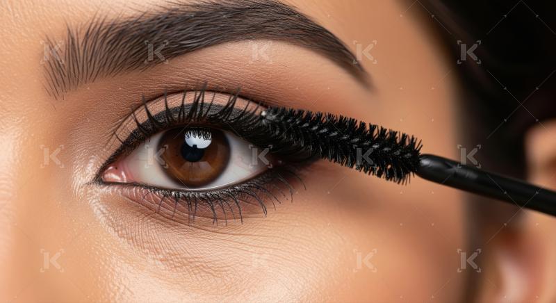 Woman Applying Mascara to Eyelashes: Beauty Makeup Close-up