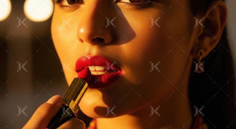 Woman Applying Red Lipstick with Warm Golden Light