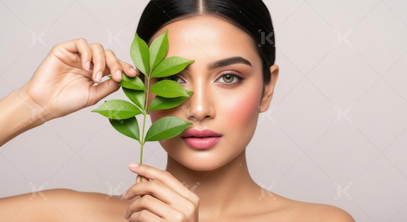 Natural Beauty Woman with Green Leaf for Fresh Skin Care