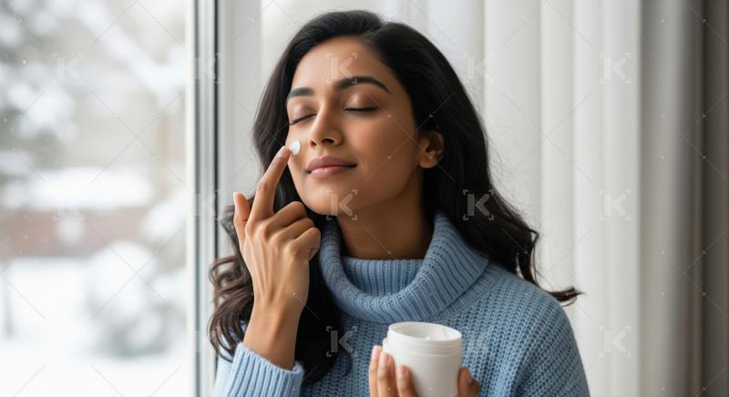 Beautiful Woman Applying Face Cream During Winter Skincare Routi