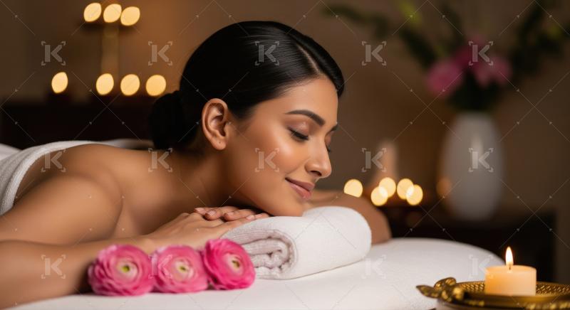 Serene Woman Relaxing at Luxurious Spa with Candles and Flowers