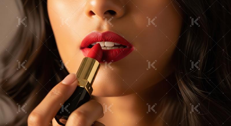 Woman Applying Red Lipstick for Perfect Lips Makeup