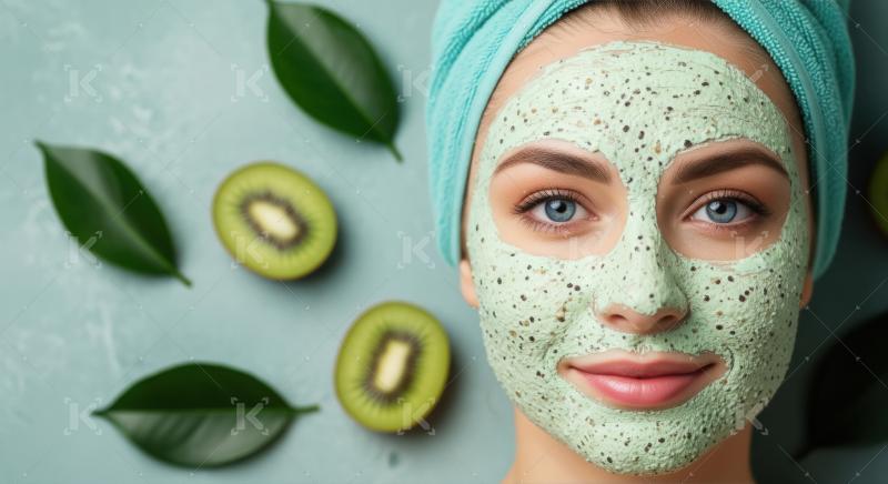Woman with kiwi face mask for natural skincare and relaxation
