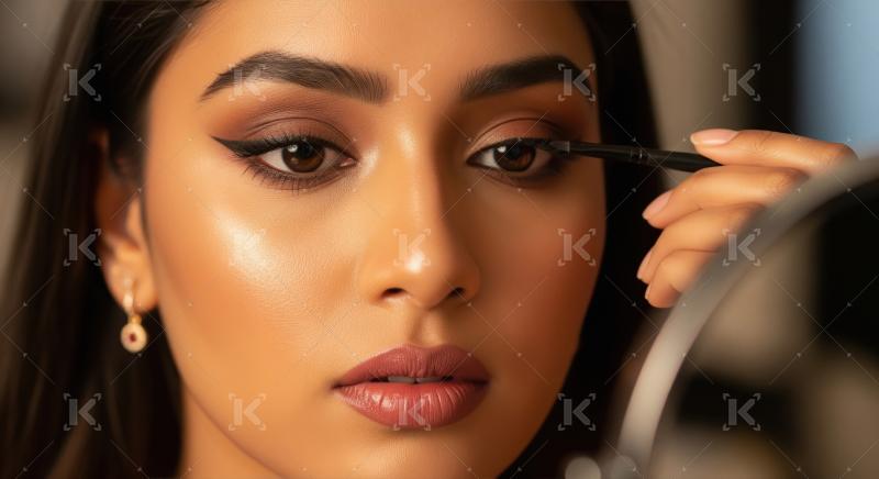 Beautiful Indian Woman Applying Eyeliner During Her Makeup Routi