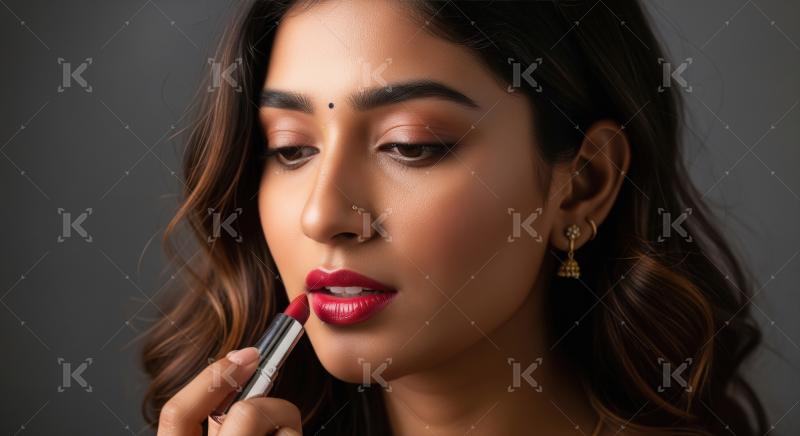Indian Woman Applying Vibrant Red Lipstick to Her Lips