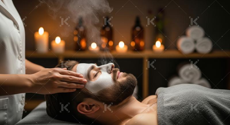 Man enjoys relaxing spa facial treatment with steam and mask