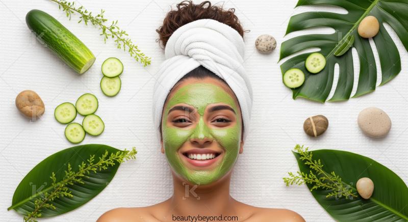 Smiling woman enjoying natural cucumber green face mask spa trea