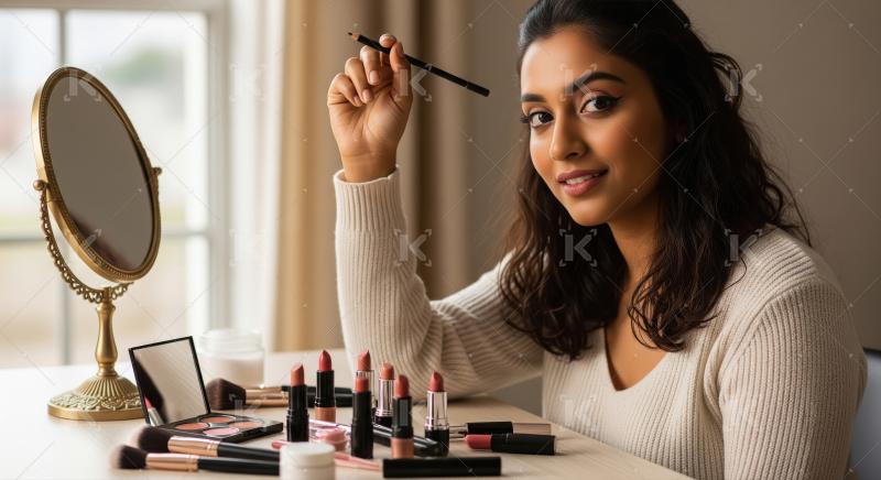 Beautiful Indian Woman Applying Eyeliner with Makeup Products