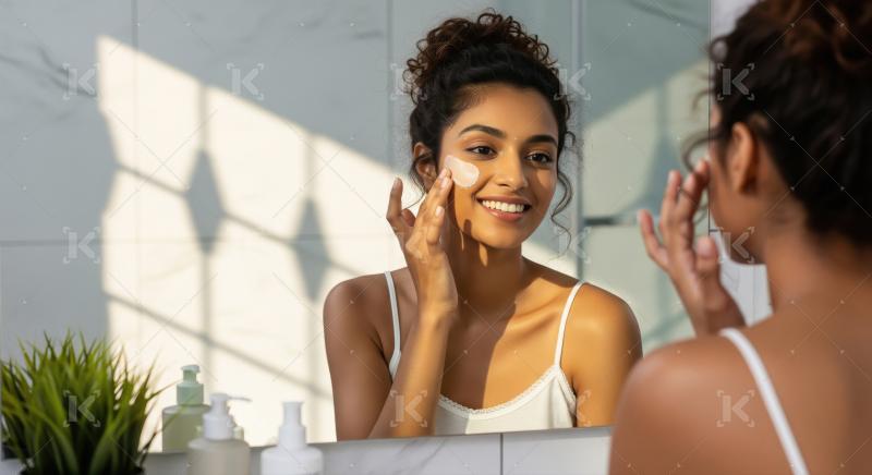 Happy Woman Applying Face Cream in Bathroom Mirror