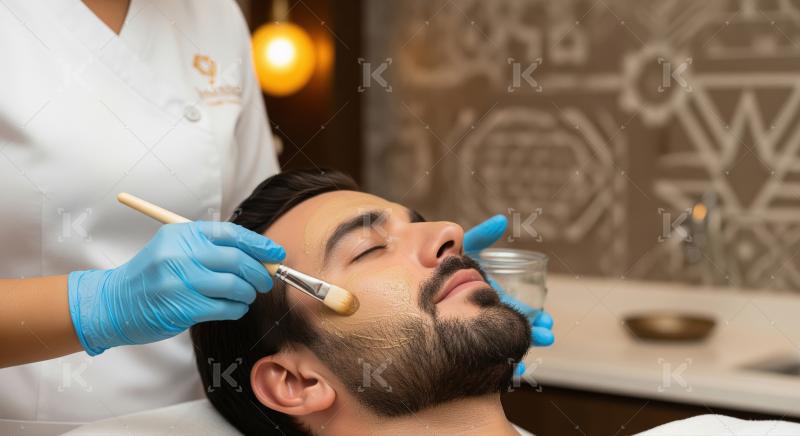 Man Receiving Golden Facial Mask Treatment at Luxurious Spa