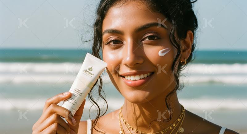 Smiling woman applies sunscreen, enjoying natural beach beauty