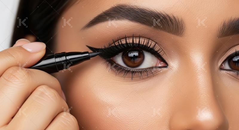 Woman applying precise black winged eyeliner to her eye
