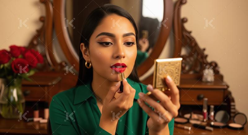 Elegant Woman Applying Red Lipstick in Beauty Routine