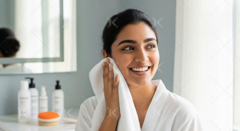 Happy Indian Woman Drying Face with Towel in Bathroom