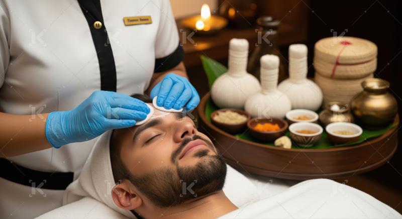 Man receives relaxing facial treatment at luxurious spa.