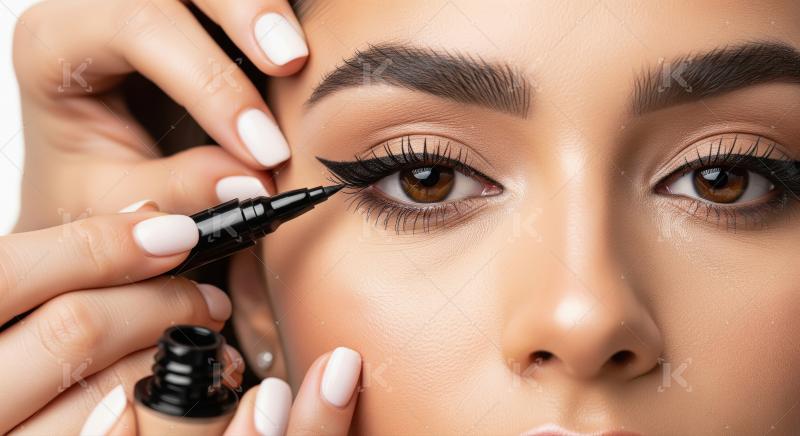 Woman getting precise winged eyeliner applied expertly for capti