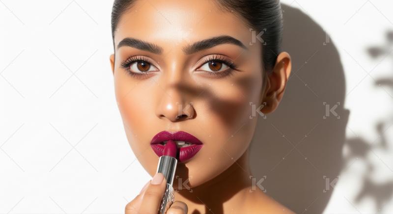 Beautiful Woman Applying Dark Red Lipstick for Glamorous Look