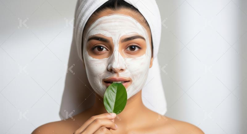 Beautiful Woman with Organic Face Mask and Fresh Green Leaf