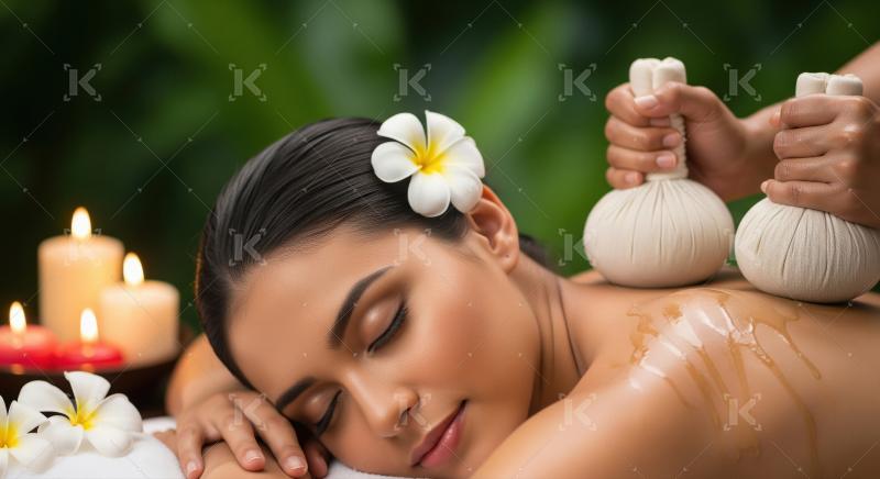 Relaxing herbal compress spa massage for tranquil woman
