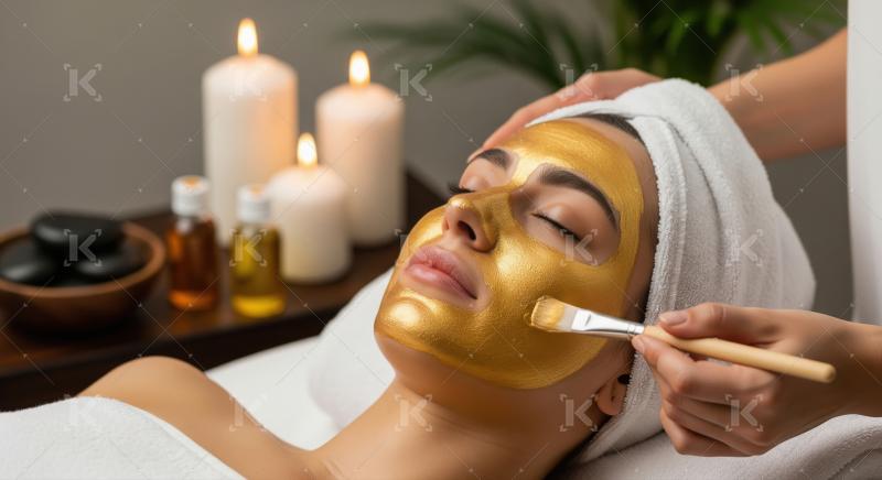 Woman receiving luxurious golden facial mask treatment