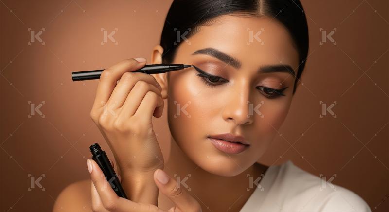 Beautiful Woman Applying Eyeliner for Perfect Eye Makeup Look