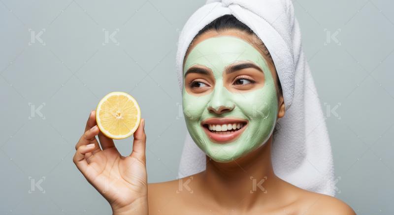 Happy Woman with Green Facial Mask and Lemon