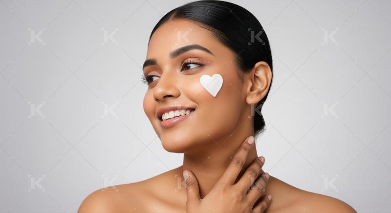 Smiling Woman with Heart Cream, Expressing Skincare Love