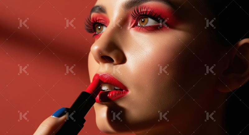 Glamorous woman applying red lipstick with bold eye makeup.