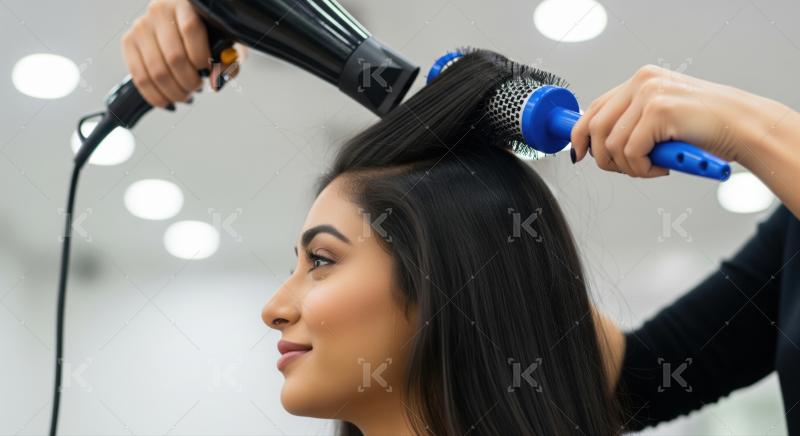 Expert hairstylist blow-dries and styles woman's beautiful long dark hair.