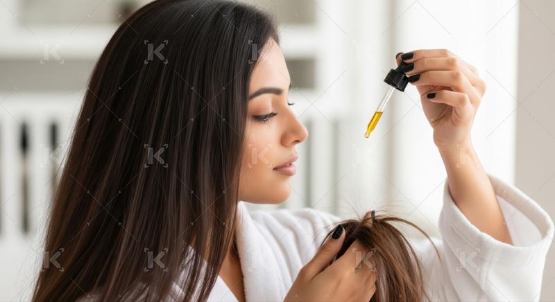 Young woman applies nourishing oil to dry, damaged hair ends.