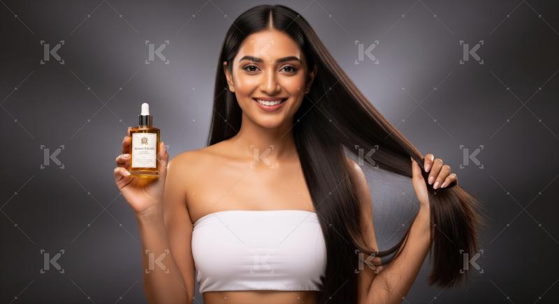 Beautiful Indian woman with long, healthy hair, holding oil.