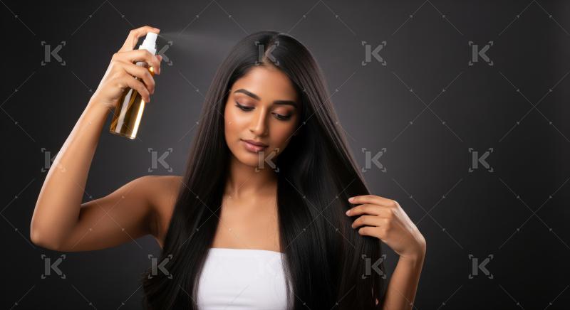 Young Indian woman nurtures her long, dark hair with a beauty spray.