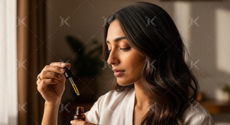 Beautiful woman meticulously applies natural face serum for glowing skin.