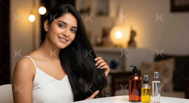 Young Indian woman promoting beautiful, healthy, and lustrous hair.