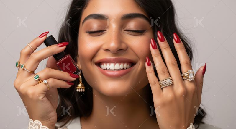 Beautiful woman showcasing red nails, elegant jewelry, and genuine happiness.