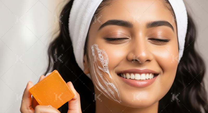 Smiling young woman enjoys her daily refreshing skincare ritual.