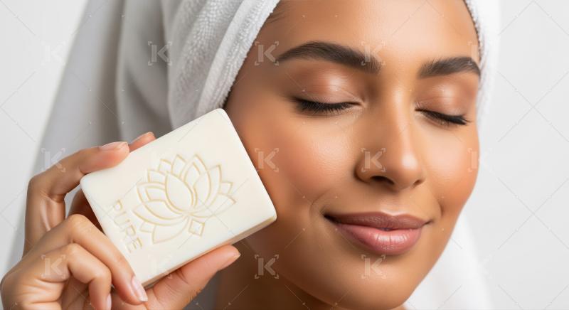 Serene woman uses natural pure soap for soft skin.