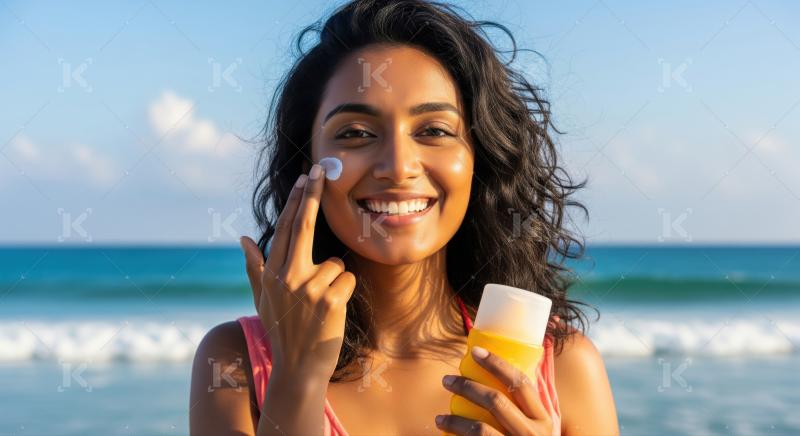Happy woman protecting her skin with sunscreen on a sunny beach.