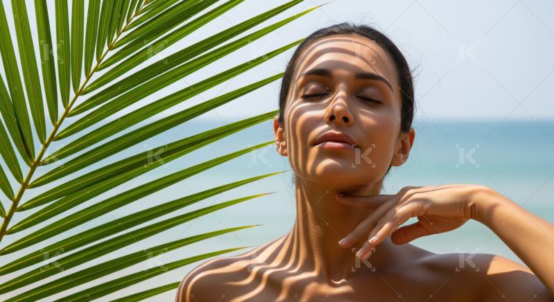 Woman finds peaceful respite with palm shadows on her skin.