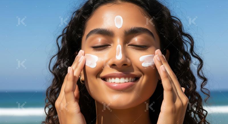 Young woman smiles, happily applying sunscreen for healthy skin protection.