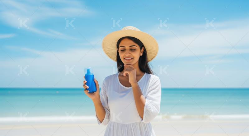 Joyful woman holding sunscreen on a beautiful sunny beach.